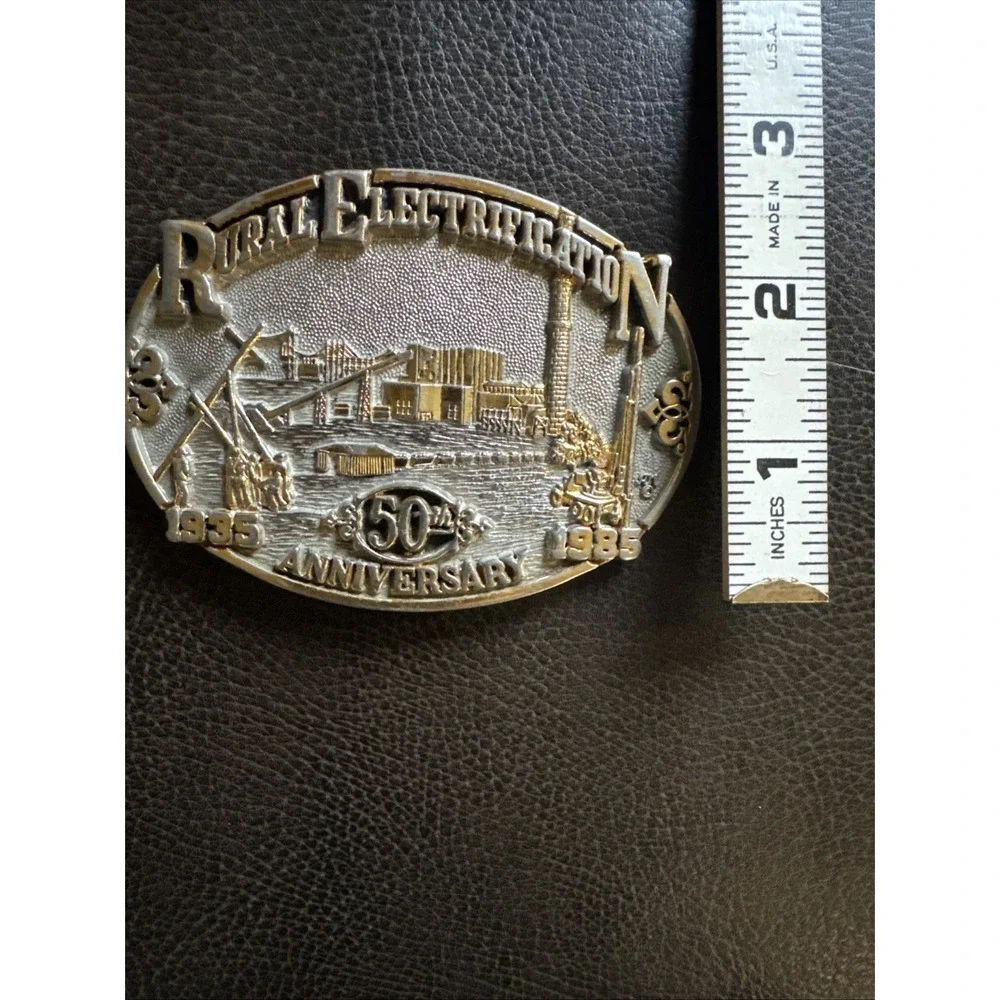 Rural Electrification Project Workers IBEW Solid Brass 1980's Belt Buckle Rare